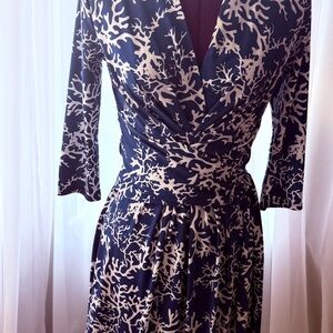 ANTONIO MELANI Navy and Cream Printed Wrap-Style Long Sleeve Dress